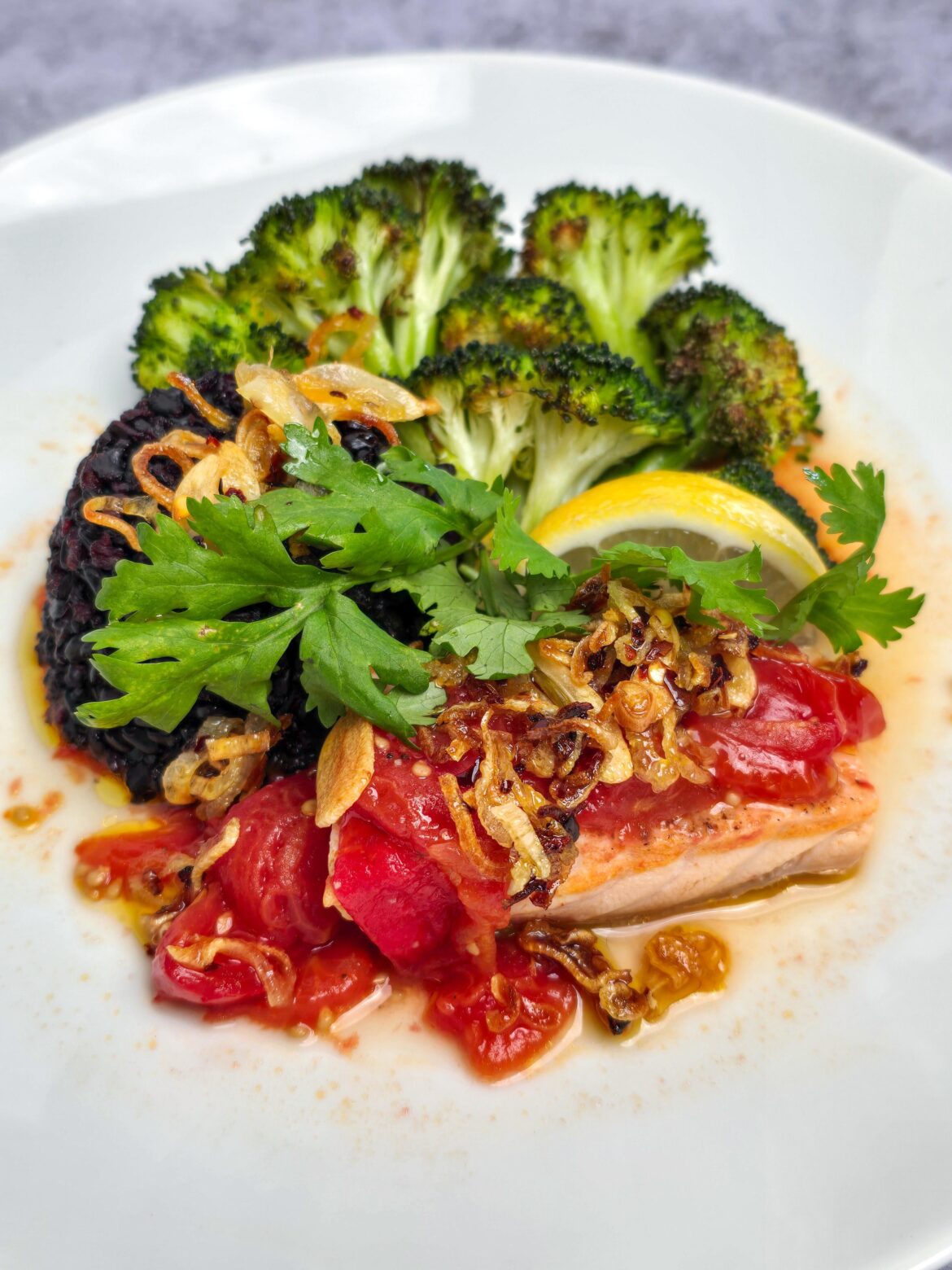 Tomato-poached salmon