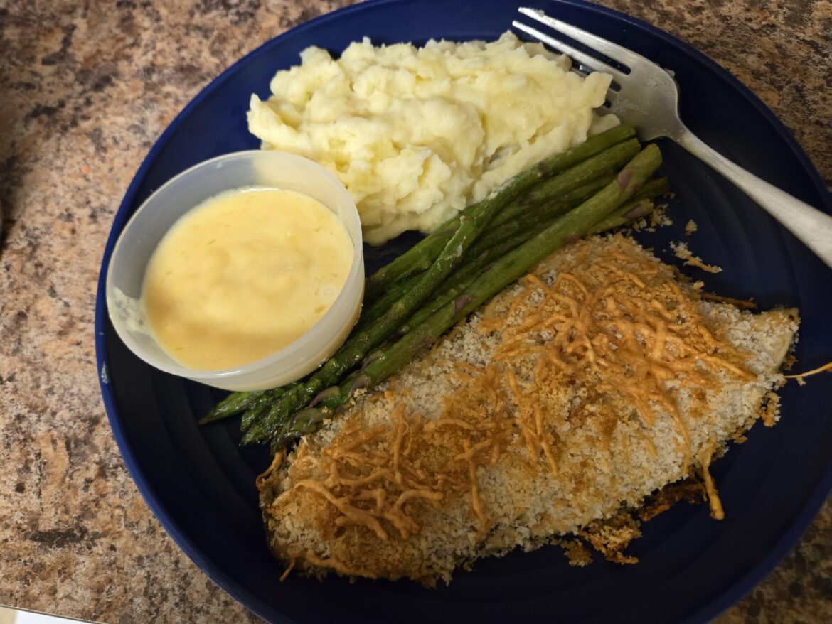 Panko-Crusted Rainbow Trout with Roasted Garlic Mashed Potatoes, Asparagus & Creamy Mustard