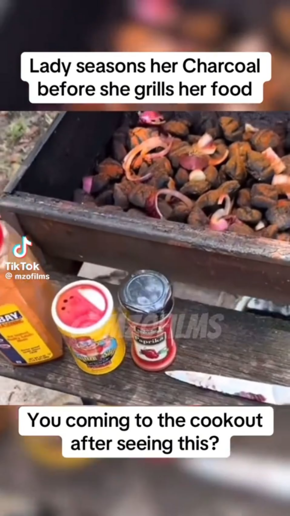 Lady seasons her charcoal before grilling her food 💔