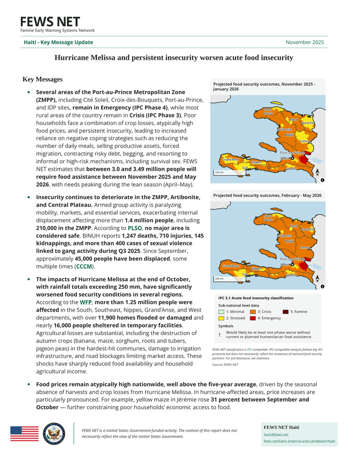 Haiti Key Message Update: Hurricane Melissa and persistent insecurity worsen acute food insecurity, November 2025 – Haiti Haiti Key Message Update: Hurricane Melissa and persistent insecurity worsen acute food insecurity, November 2025 - Haiti