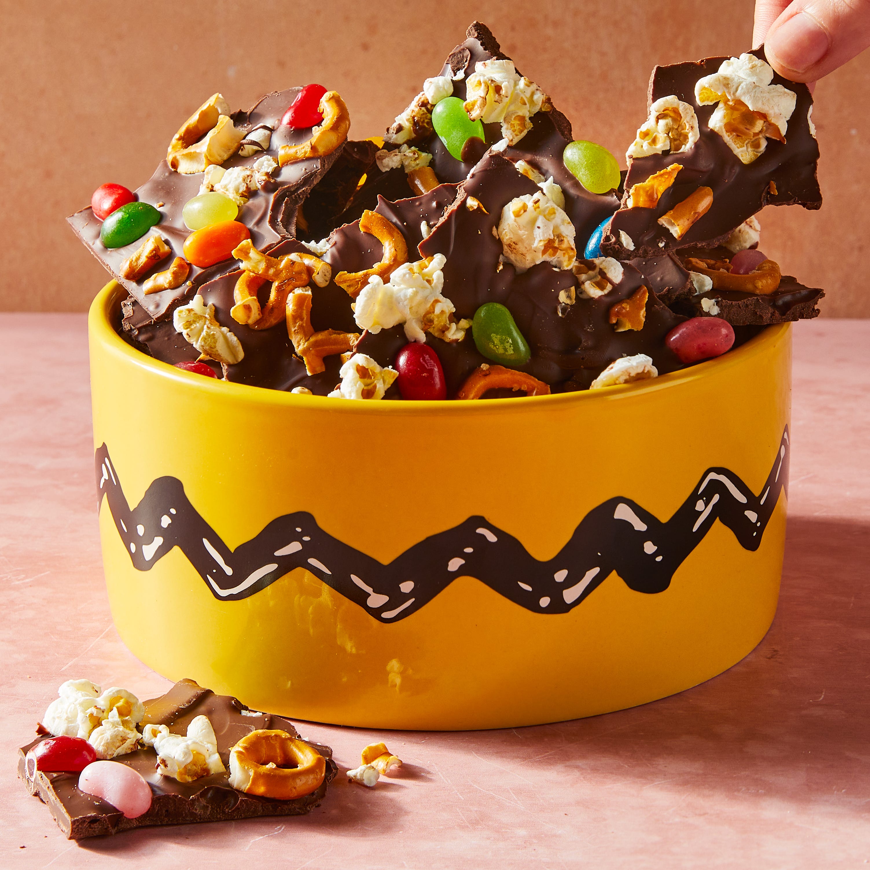 chocolate bark with candy, popcorn, and pretzels