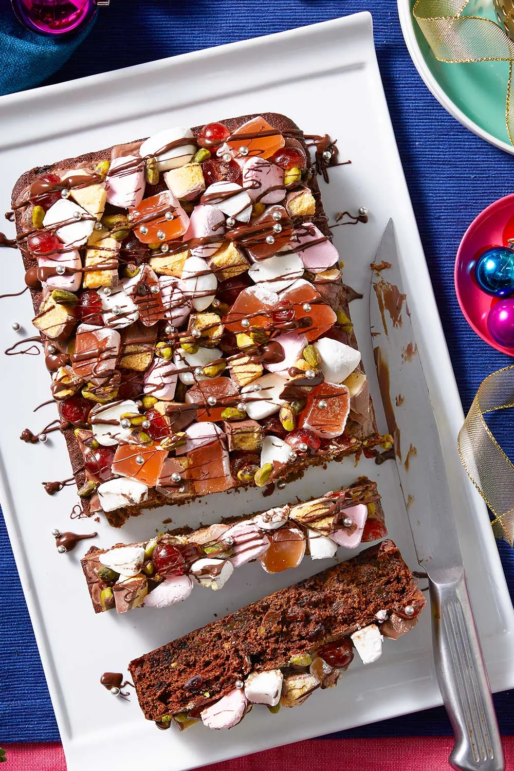 Chocolate Christmas pudding rocky road slice