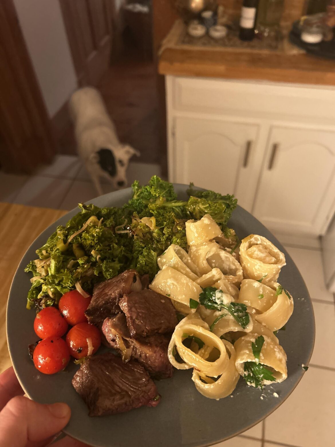 Steak and pasta and mustardy kale and leeks with several whiskeys consumed