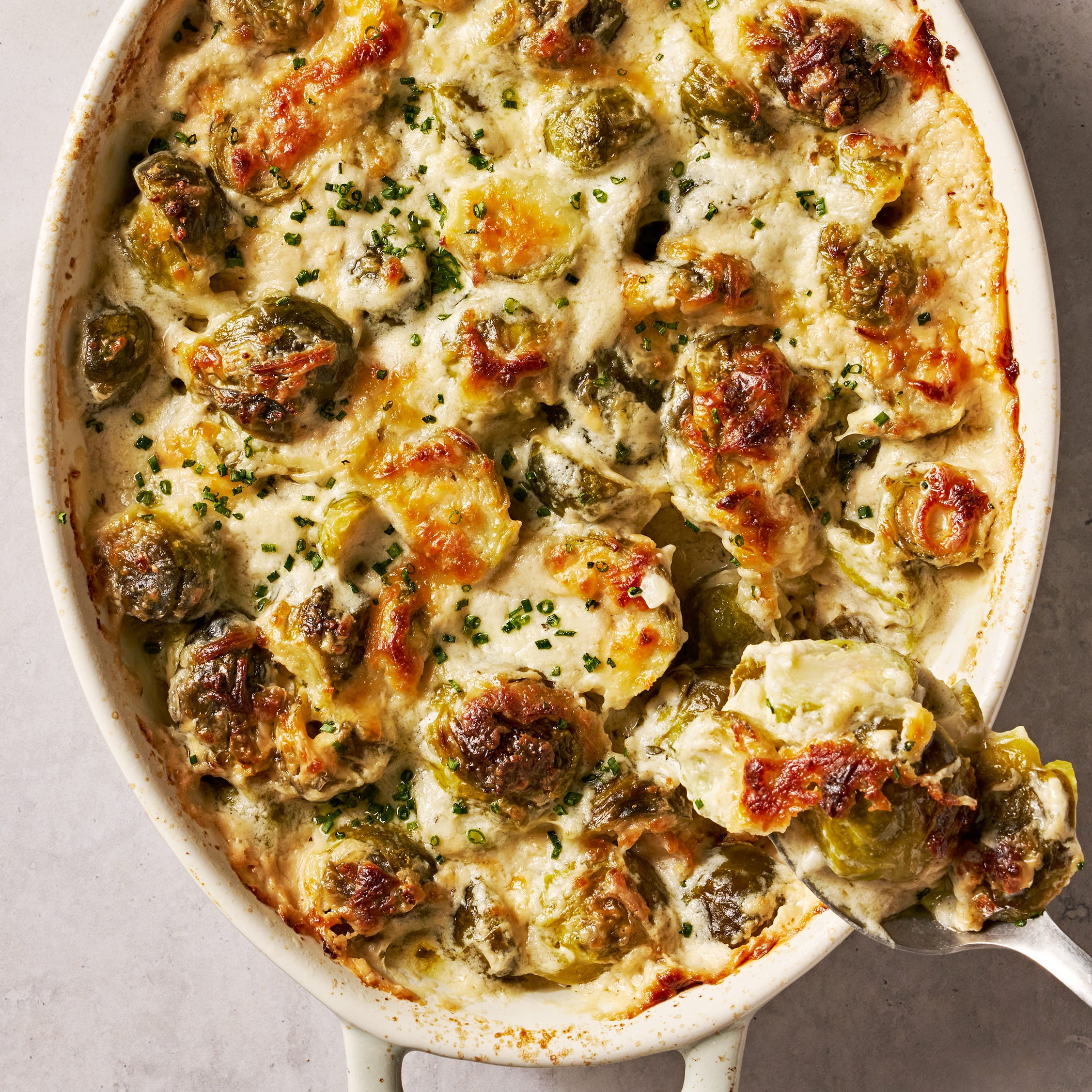 cheesy, bubbling creamed brussels sprouts in a white oval casserole dish