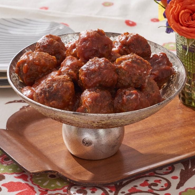 cocktail meatballs in silver bowl
