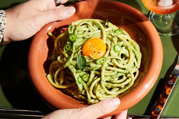 Bucatini with Thai basil and green chilli pesto speaks with an Australian accent.