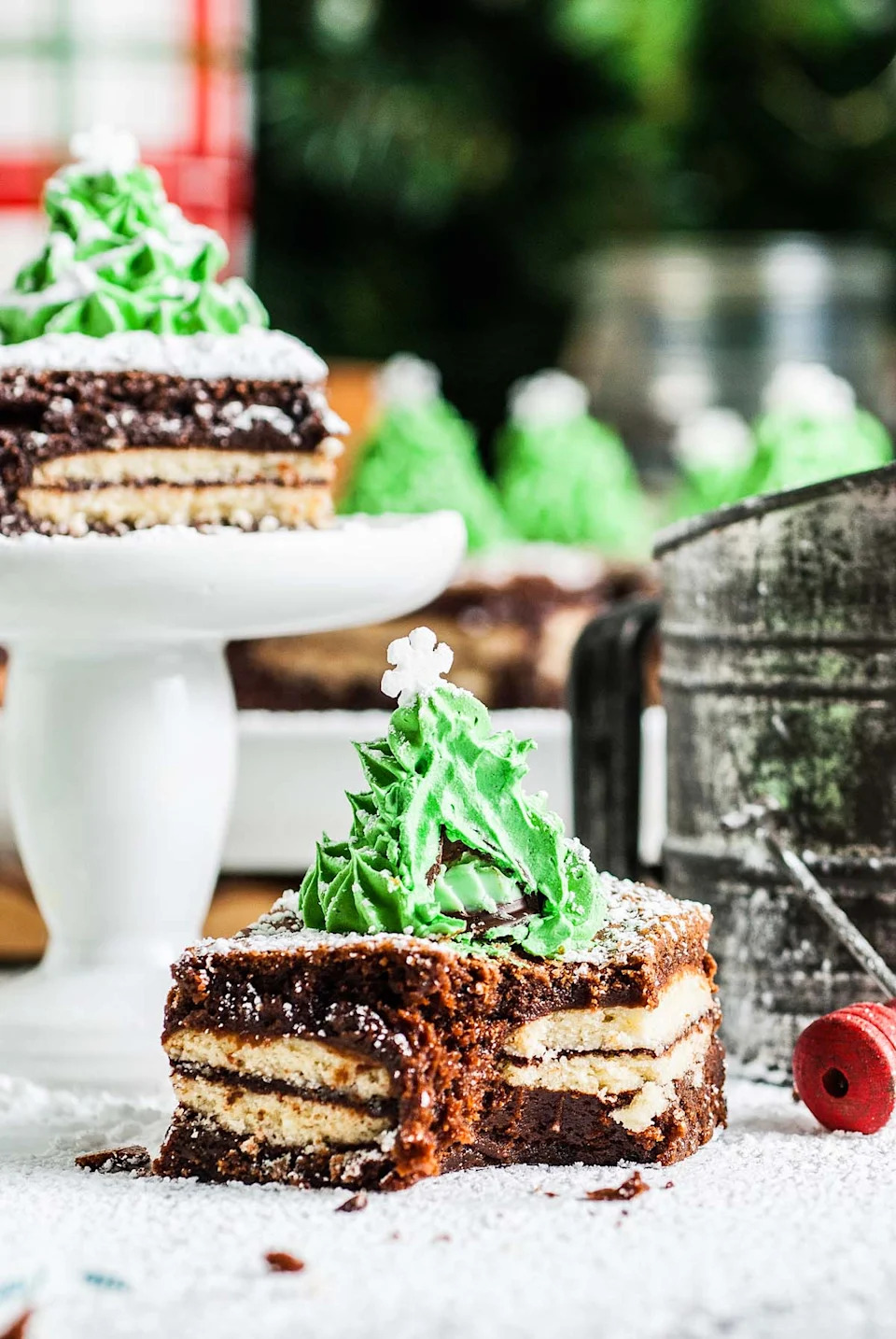 A close up shot mint milano christmas brownies.