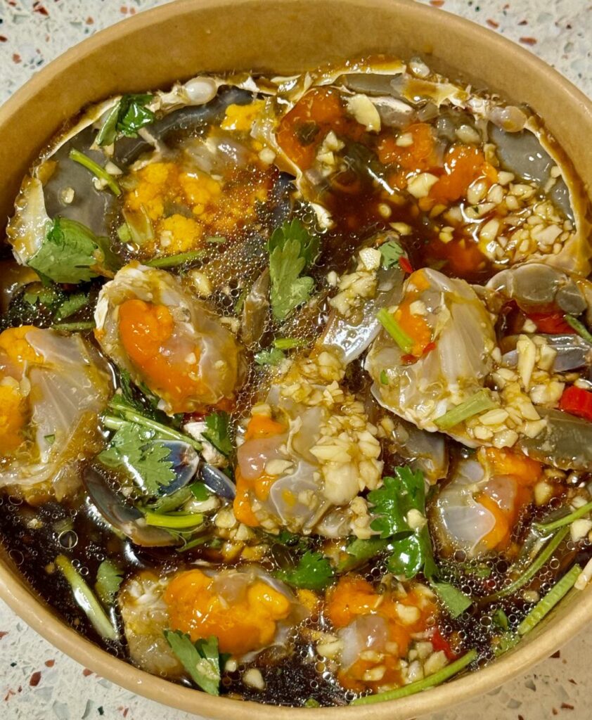 Homemade raw marinated crab with garlic, chili, cilantro, and soy-based sauce
[Homemade]