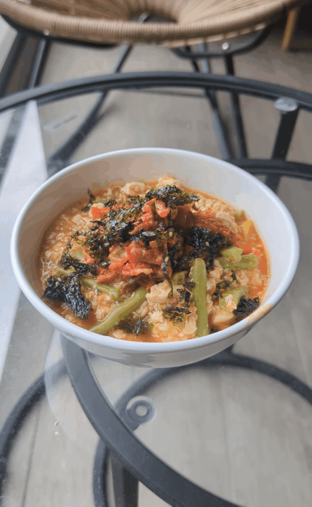 Made gochujang oatmeal porridge topped with kimchi and seaweed!