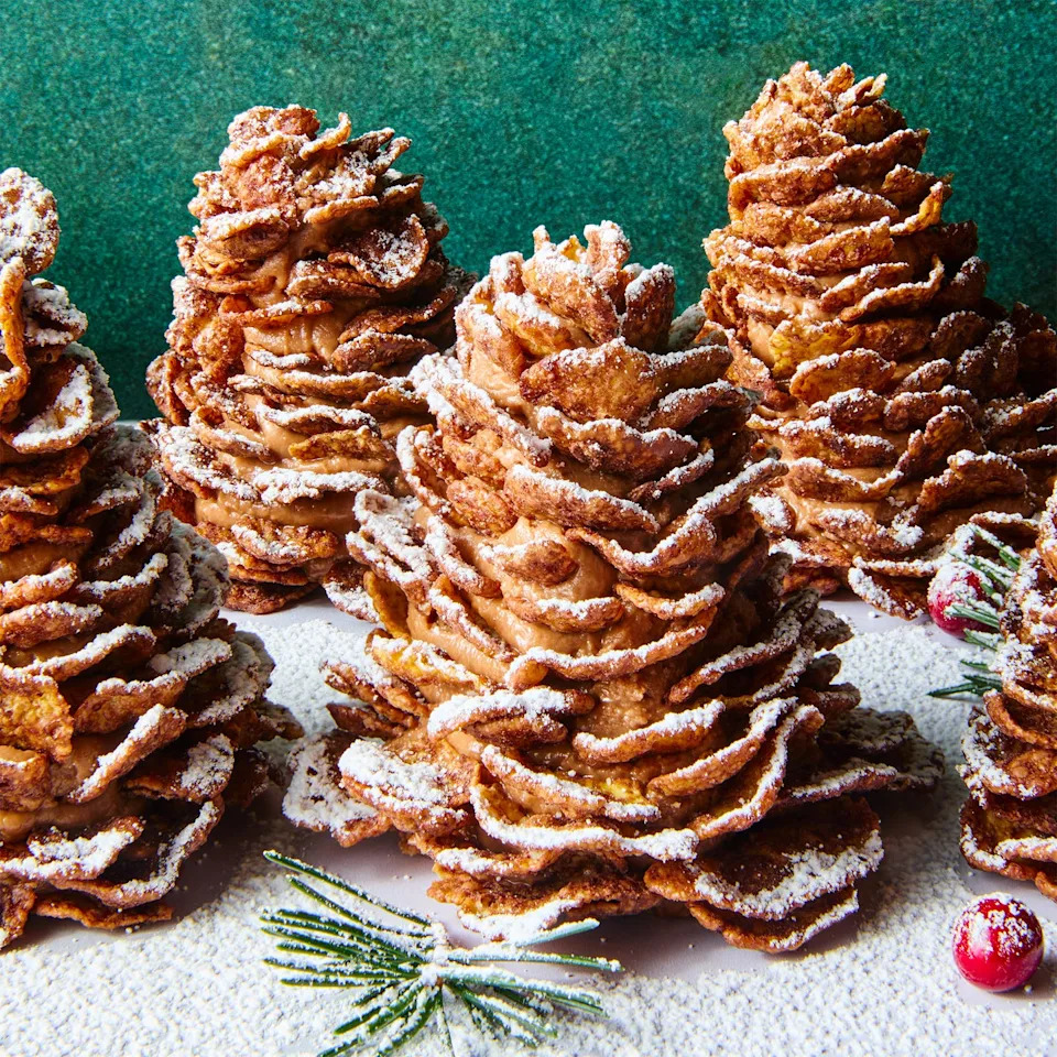 cornflakes stacked and decorated to look like pine cones
