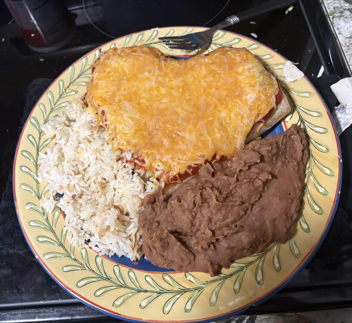 wet burrito (deli cut) with rice and beans