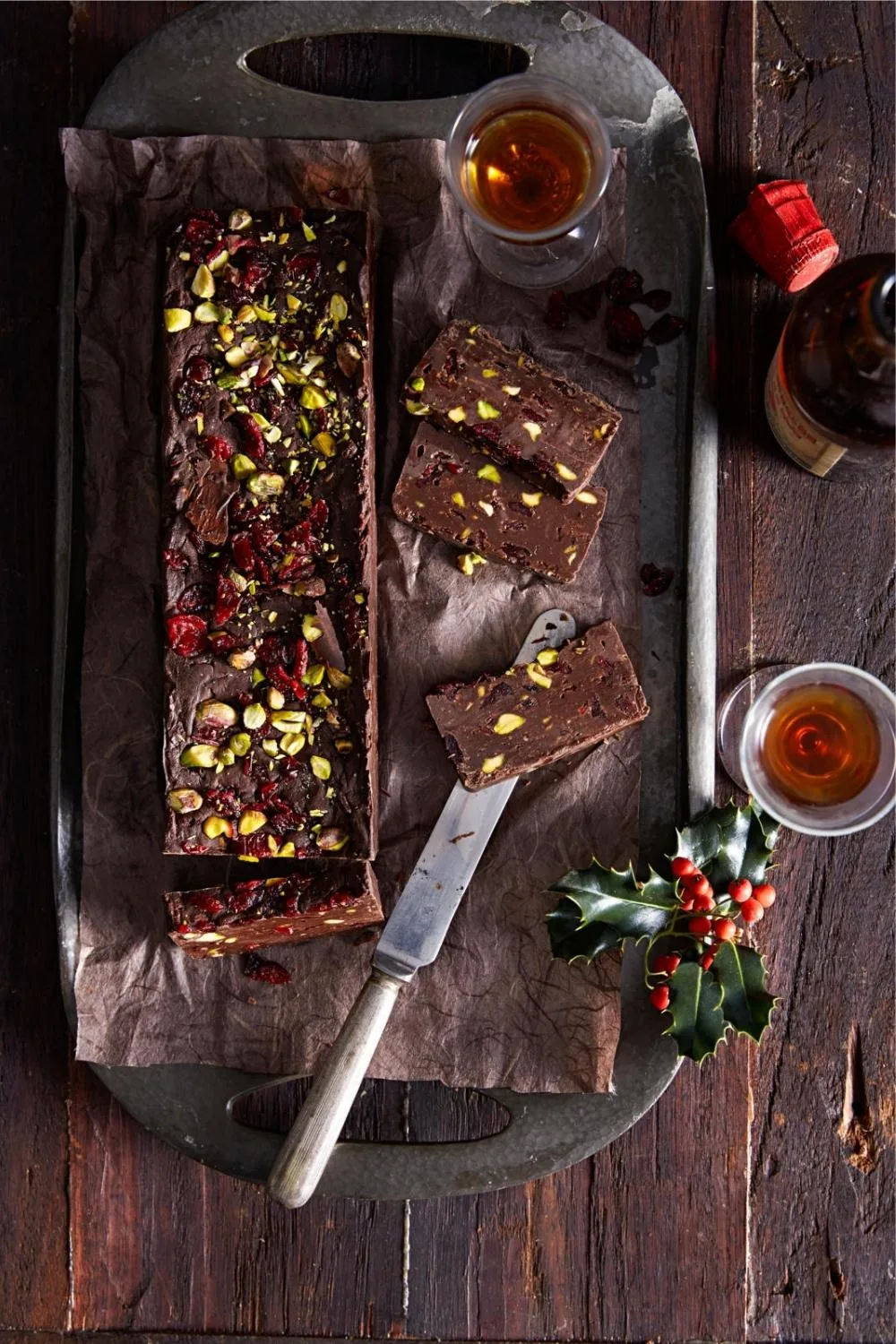Dark chocolate, cherry and pistachio fudge