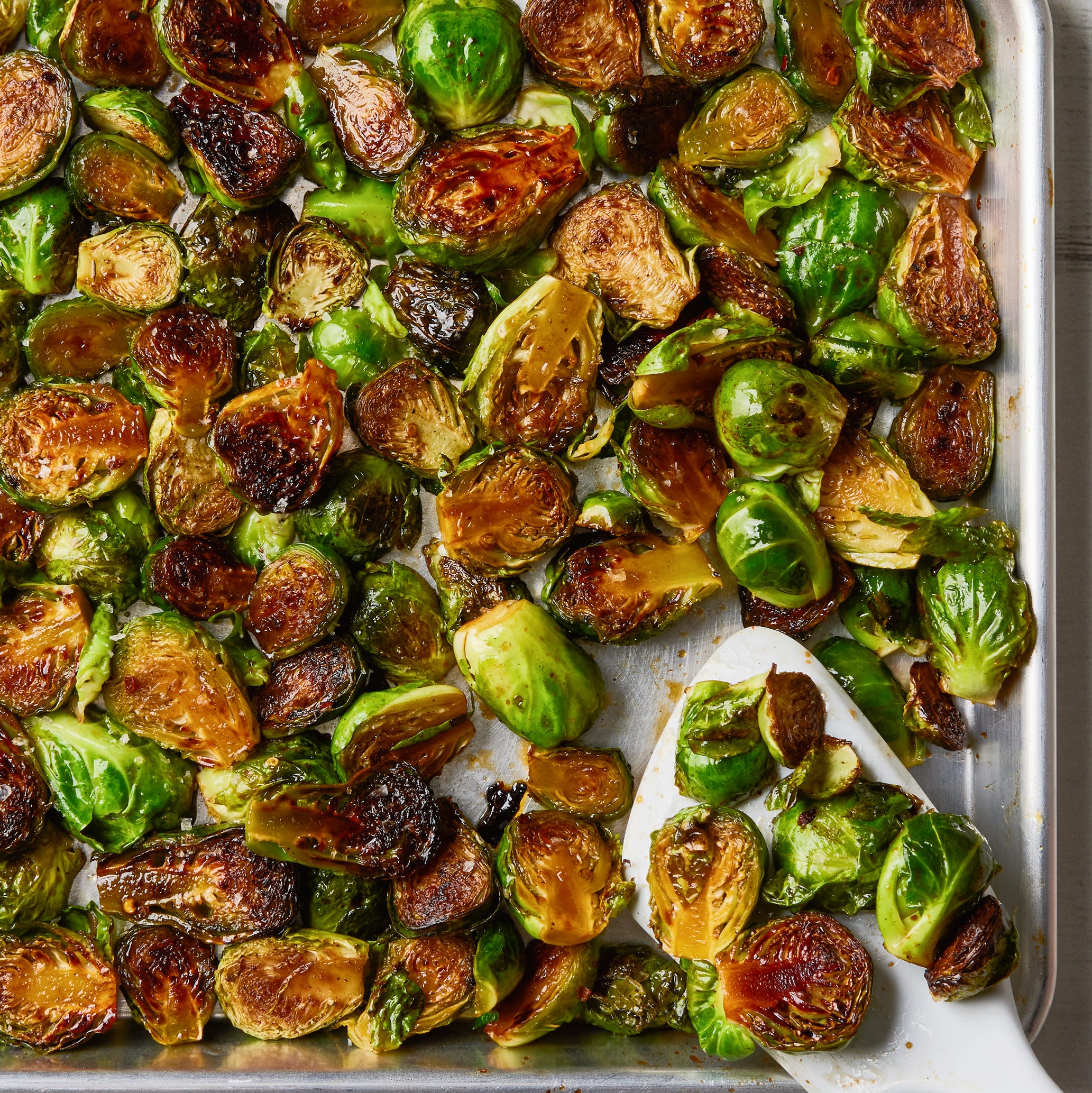 caramelized brussels sprouts on a sheet pan