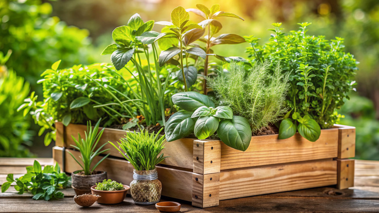 various fresh herbs in box
