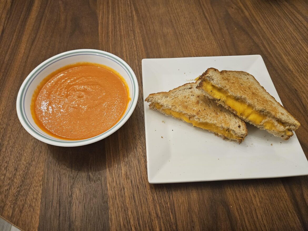 Snowy day means creamy tomato soup and a grilled cheese.
