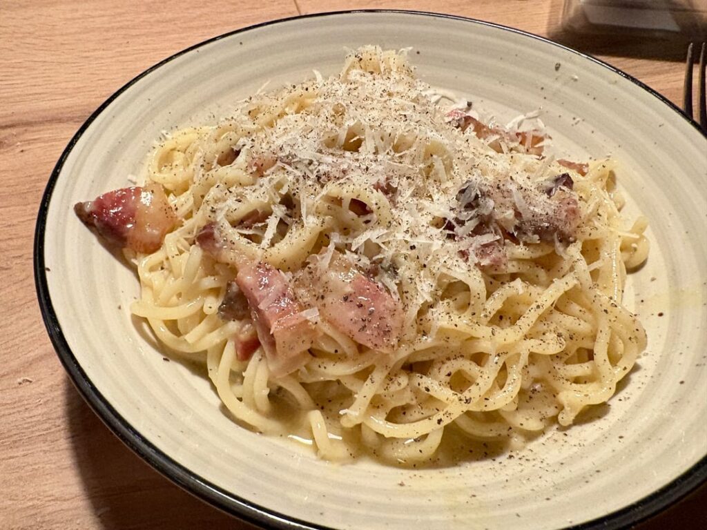Carbonara.. Spaghetti made with the Phillips Pastamaker we got for christmas
