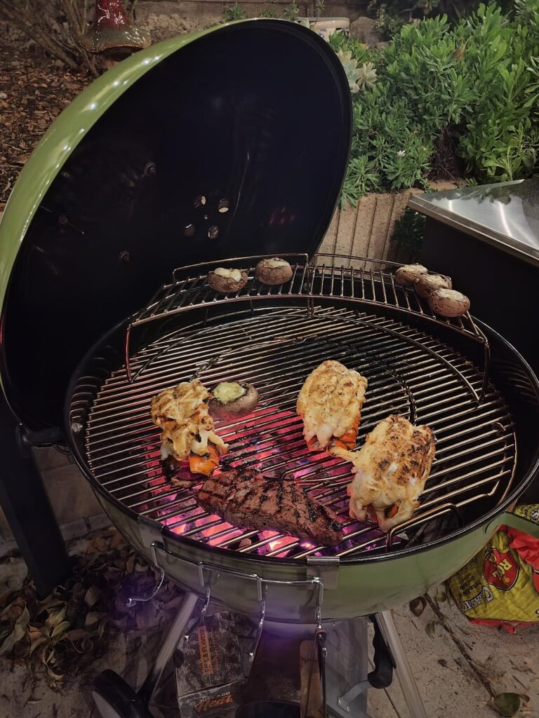 Fresh caught Spiny Lobster off California coast (and steak + mushrooms)