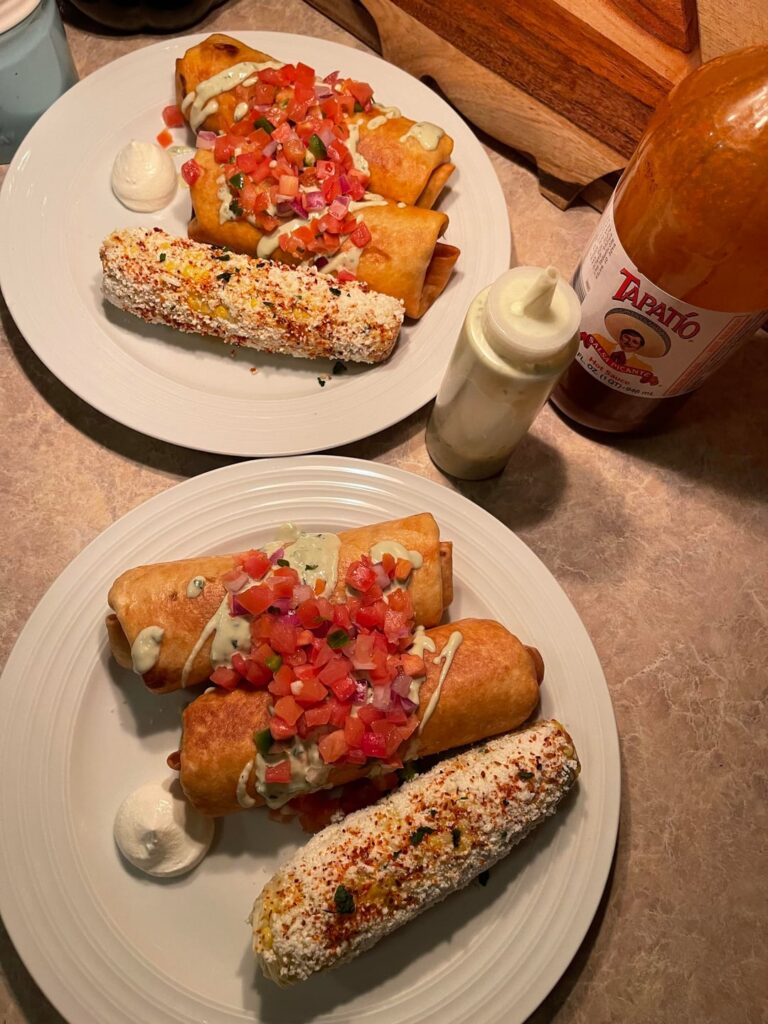 [homemade] Creamy chicken chimichangas with elote