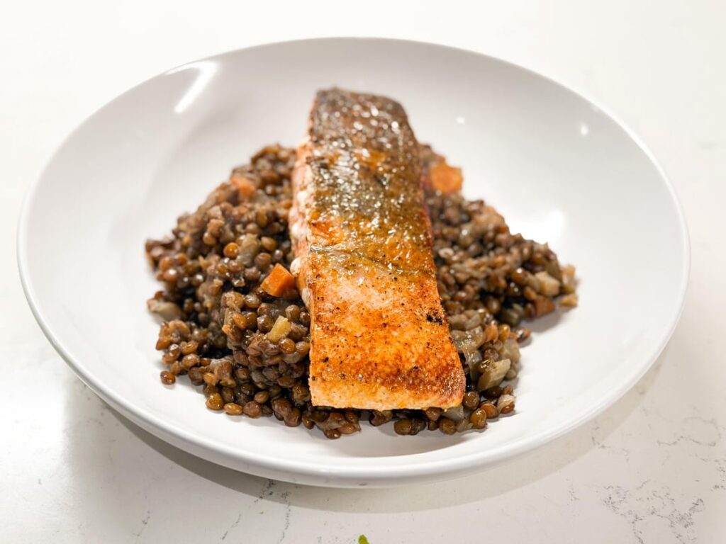 Saumon Aux Lentilles (Pan-Seared Salmon with Braised Lentilles Du Puy) from Cook’s Illustrated