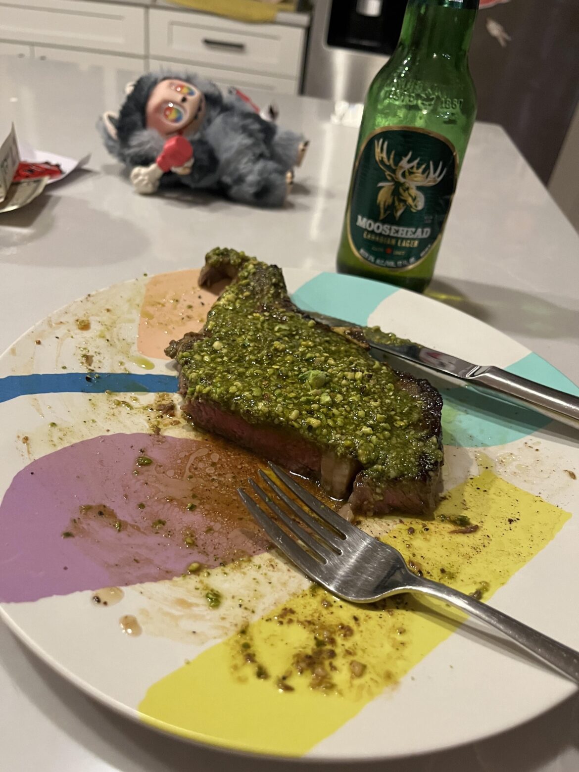 Remembered to Snap a Pic of this Ribeye with Pesto and Pistachio Dust as I went to Finish the Moosehead