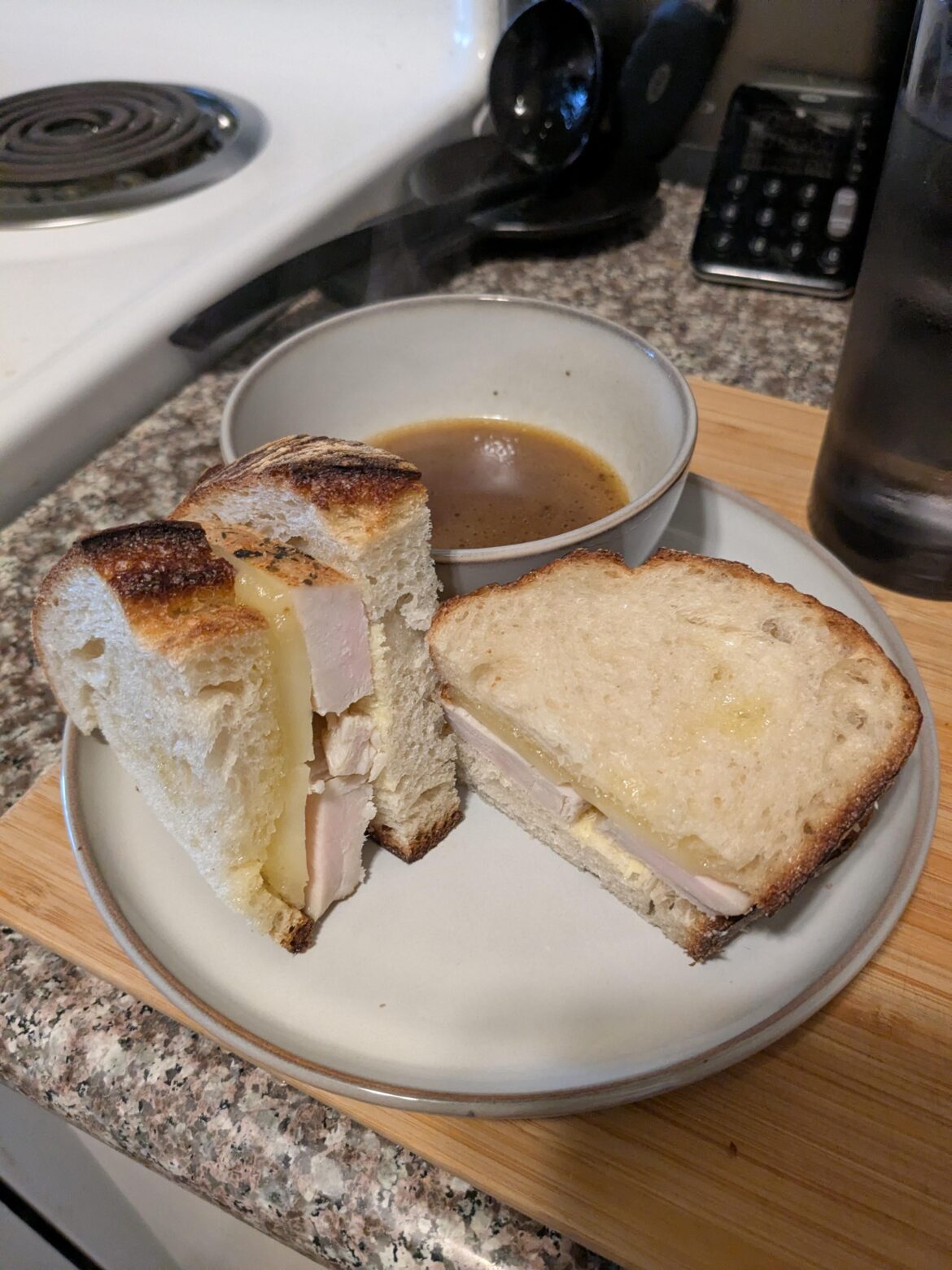 Turkey sandwich with onion gravy.