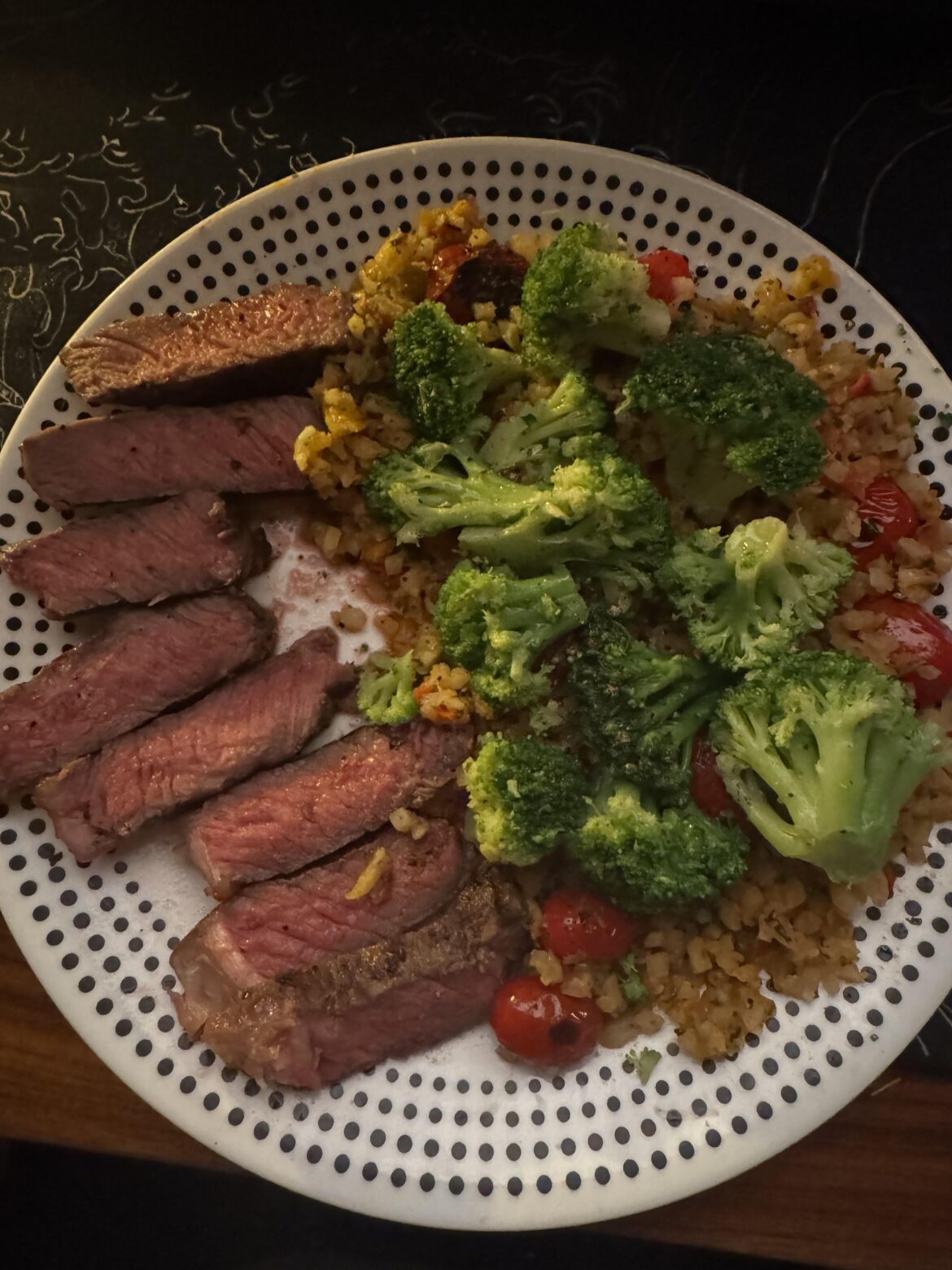 Strip steak, Trader Joe’s Mexican Cauliflower Rice, and Broccoli