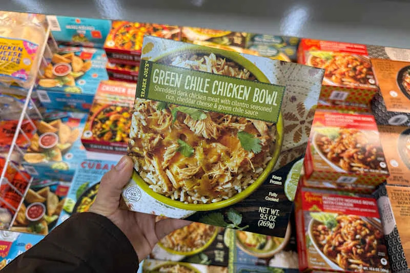 Green chicken chile bowl in frozen aisle at trader joe's
