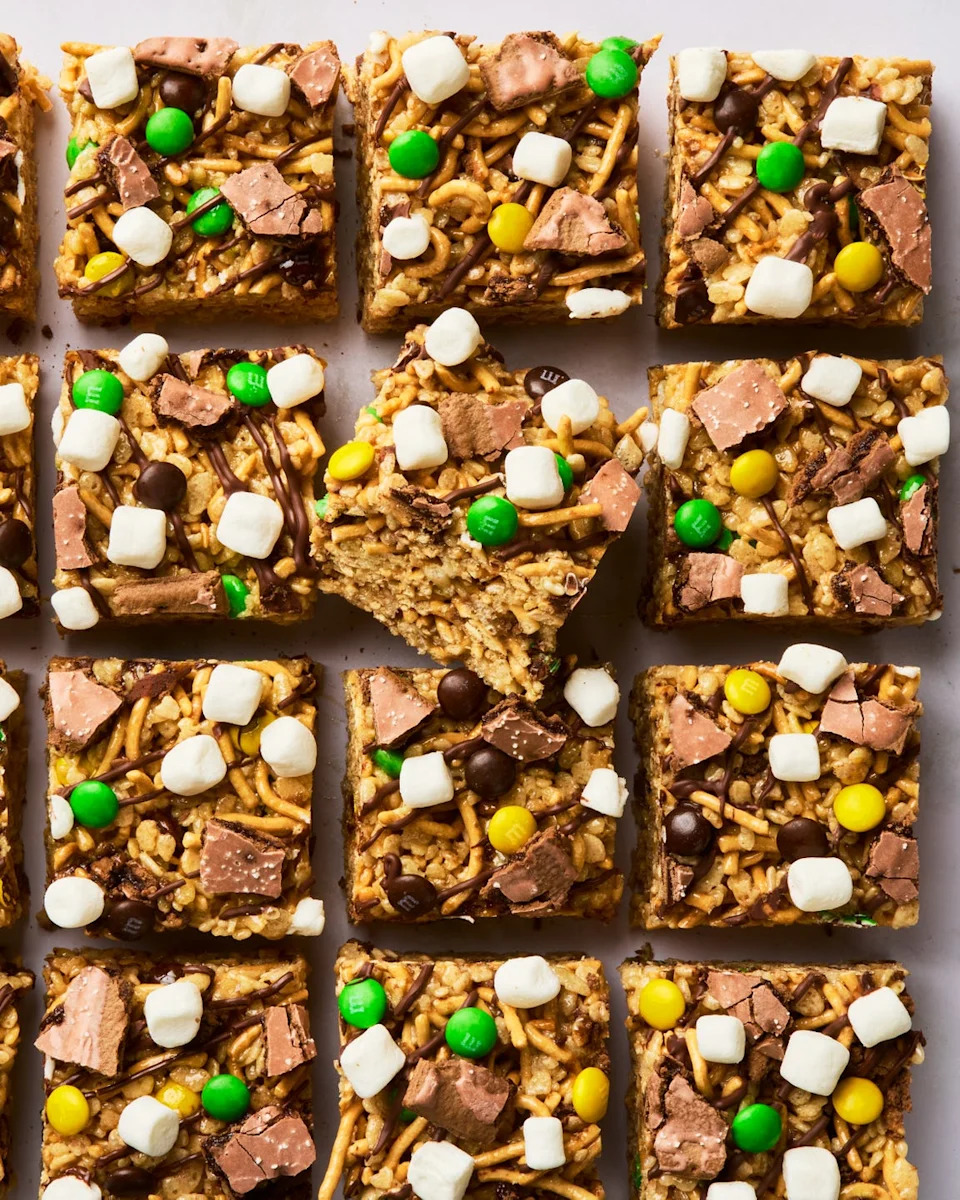 rice krispies treats with marshmallows, candy, and pop tart pieces
