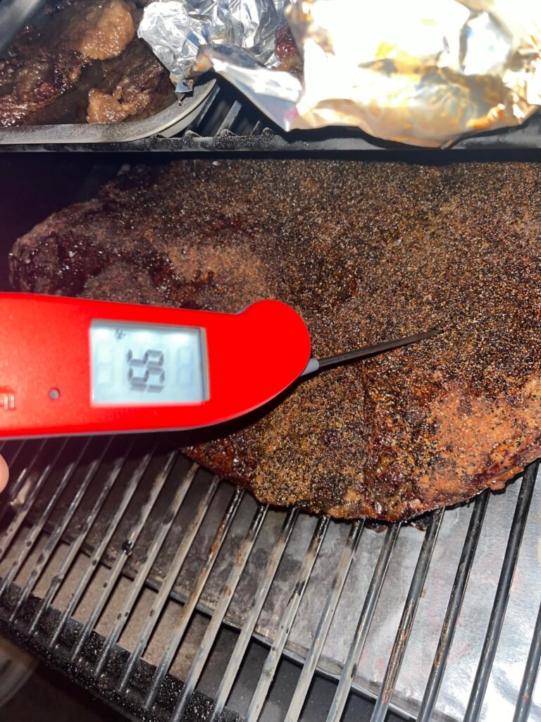 Brisket at 158-163F after 6 hours. Goldees method.