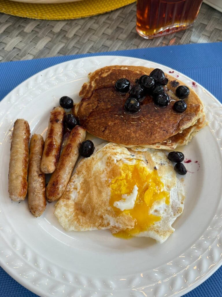 Runny yolk, syrup, sausage.