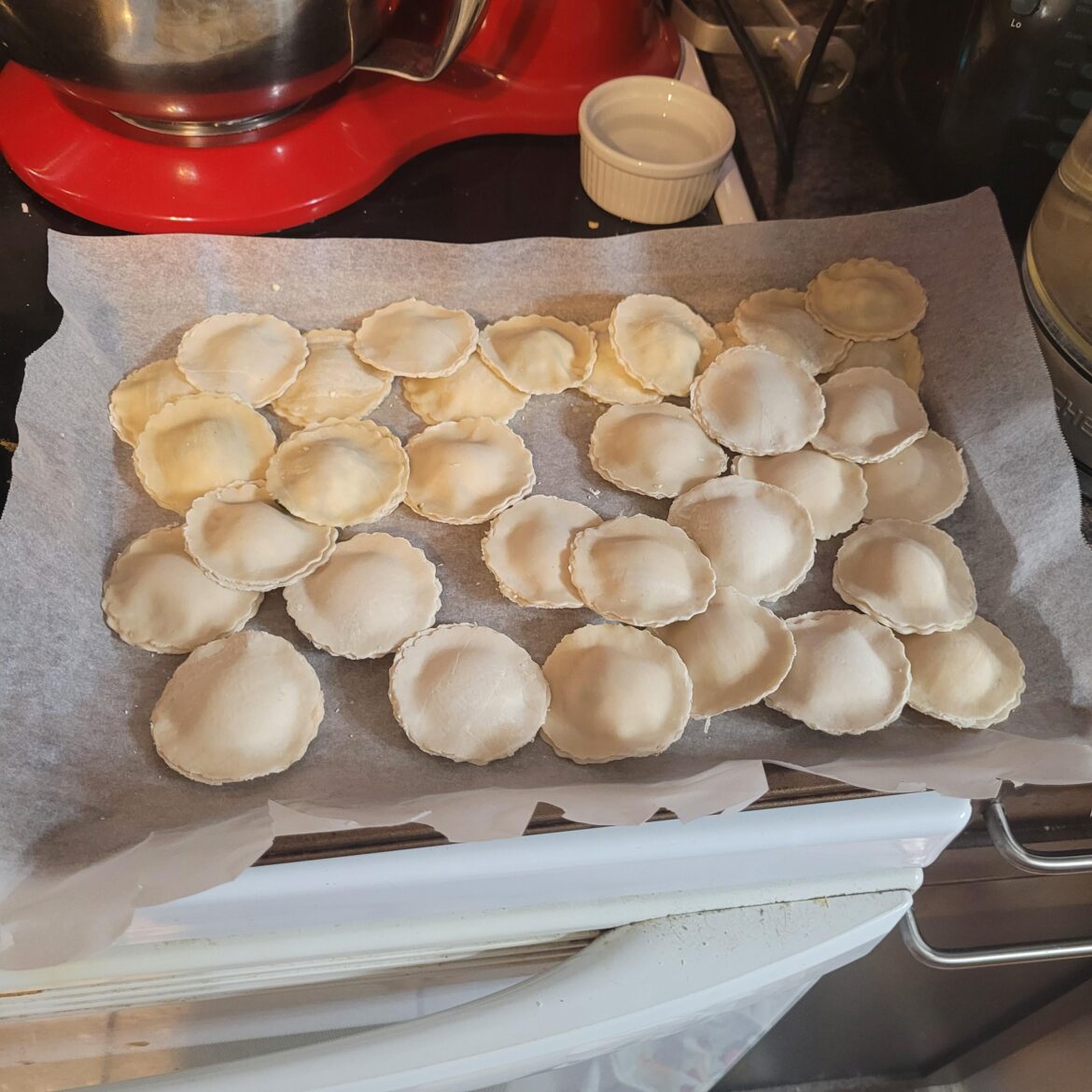 After 2 hours of folding, cutting, filling and pinching... Fresh ravioli!