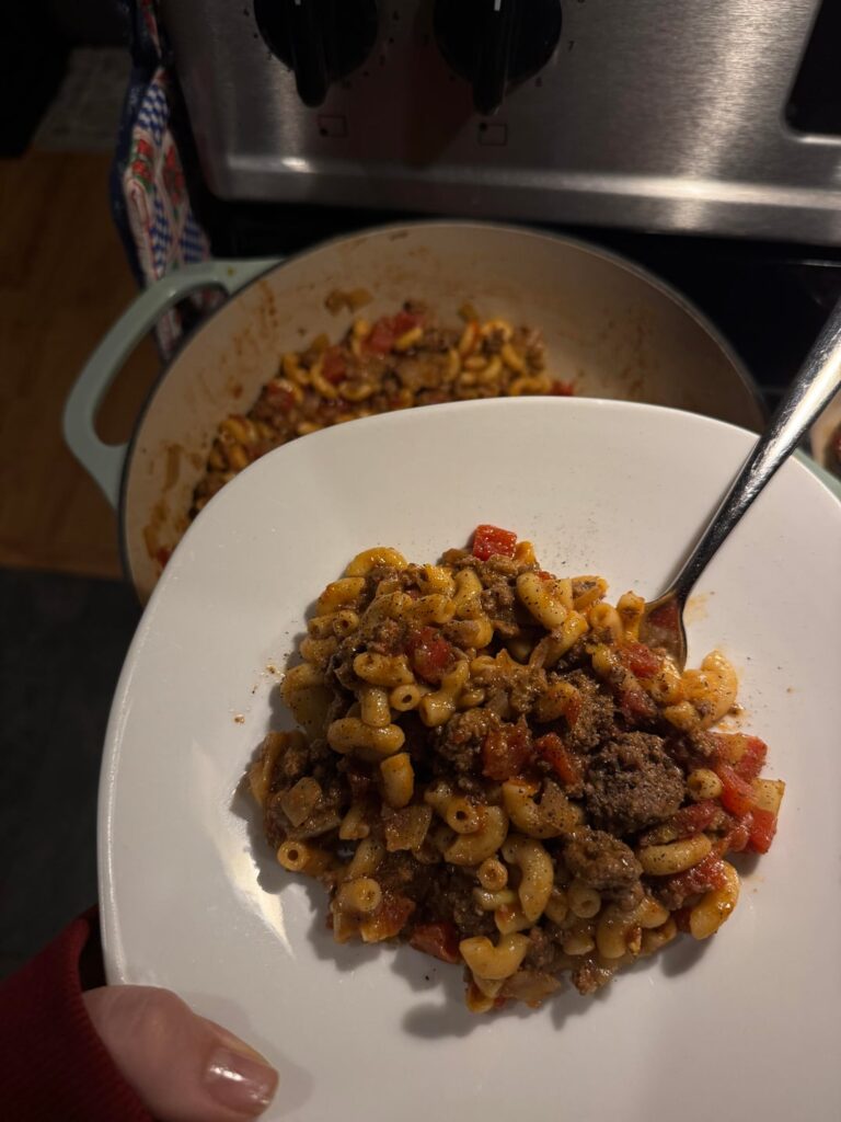 Goulash and banana walnut protein bread on a chilly, windy evening.