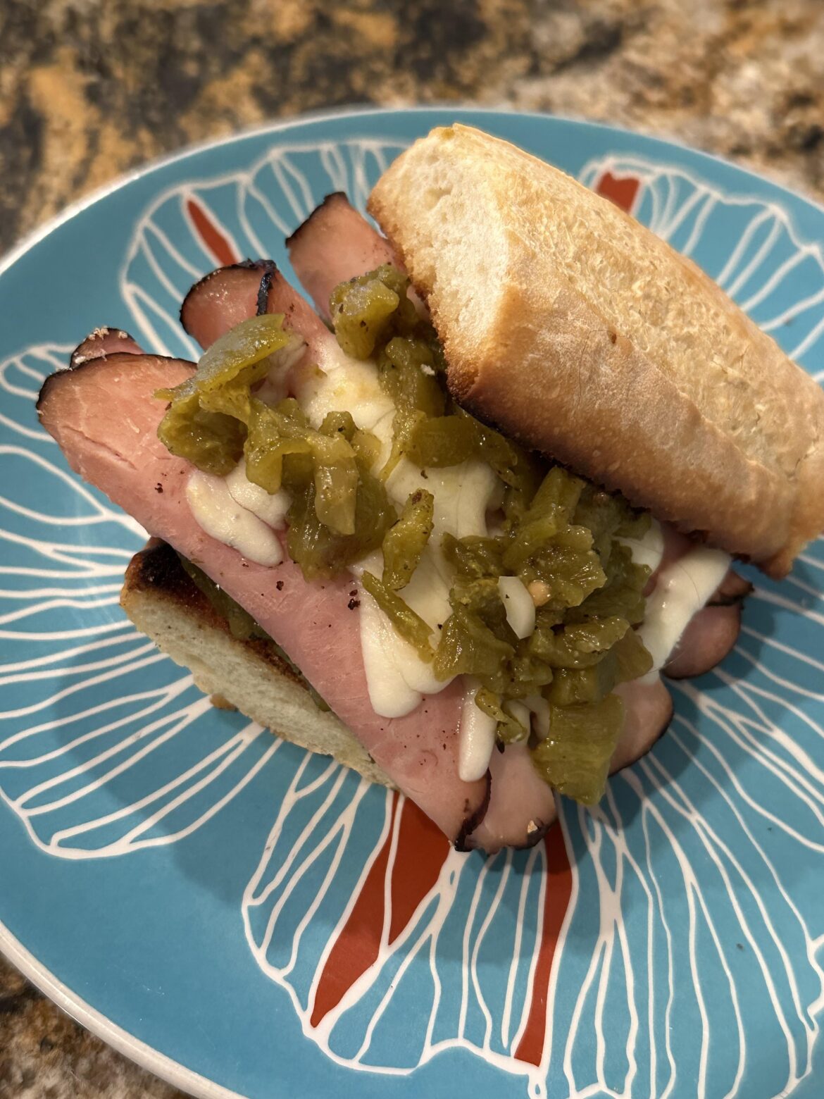 Black Forest Ham, Hatch Green Chili, Mozzarella on Buttered Grilled Baguette