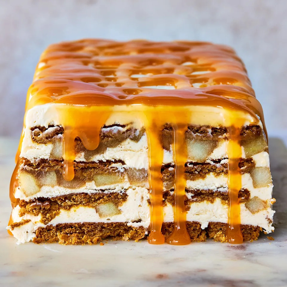 layered icebox cake with apples, gingersnaps, and caramel