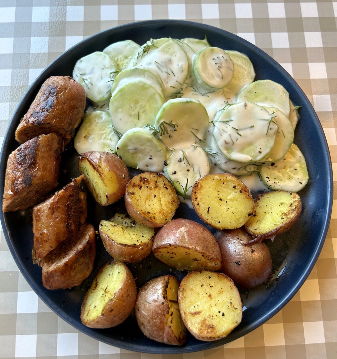 411 cal, Mizeria (Polish cucumber salad) + Beyond Brat + potatoes
