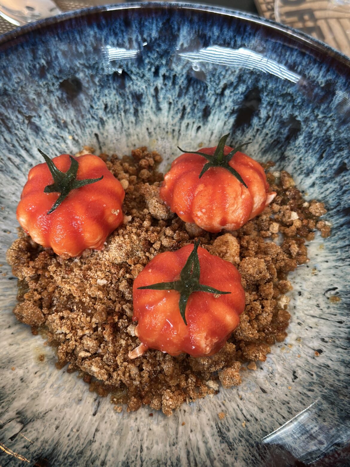 Caprese 2.0 - Burrata Cream, Cherry Tomato Mustard Core, Cumin-Soy Soil