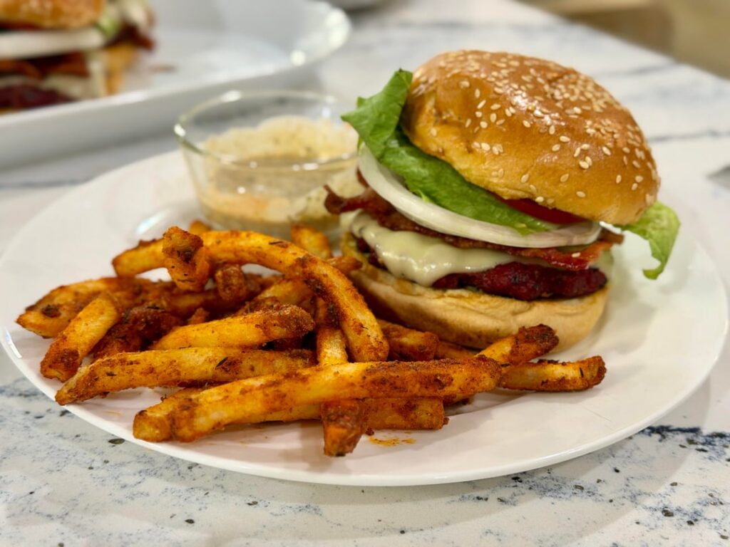Bacon avocado smoked cheeseburger with cajun blue cheese fries and reaper ranch.