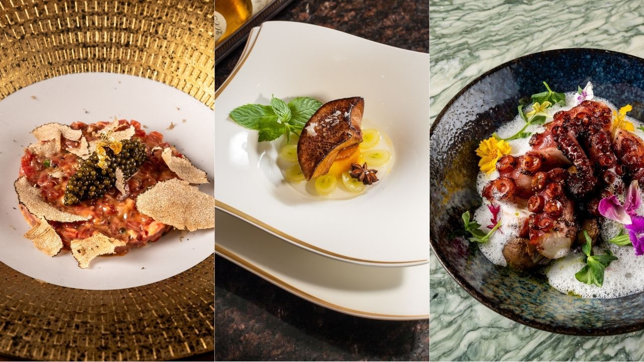 (Left to right) Wagyu Beef Tartare, Foie Gras, and Grilled Spanish Octopus