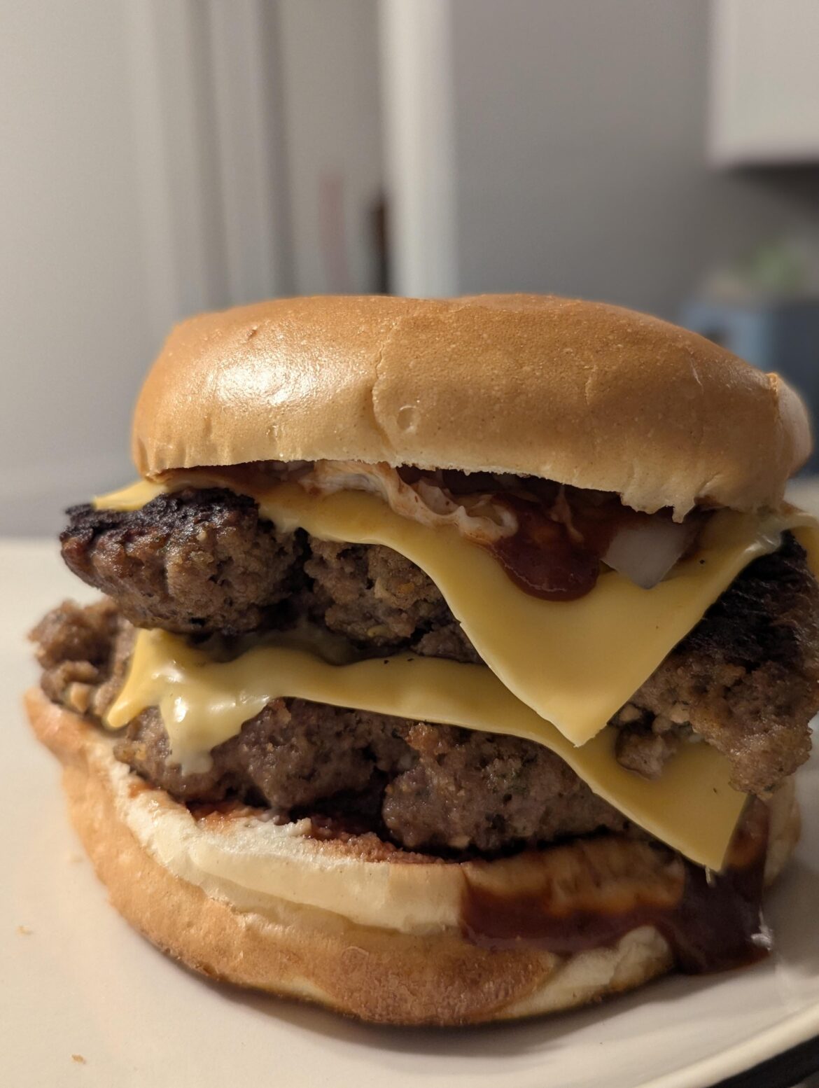 Homemade double with American cheese, onion, mayo, and bbq
