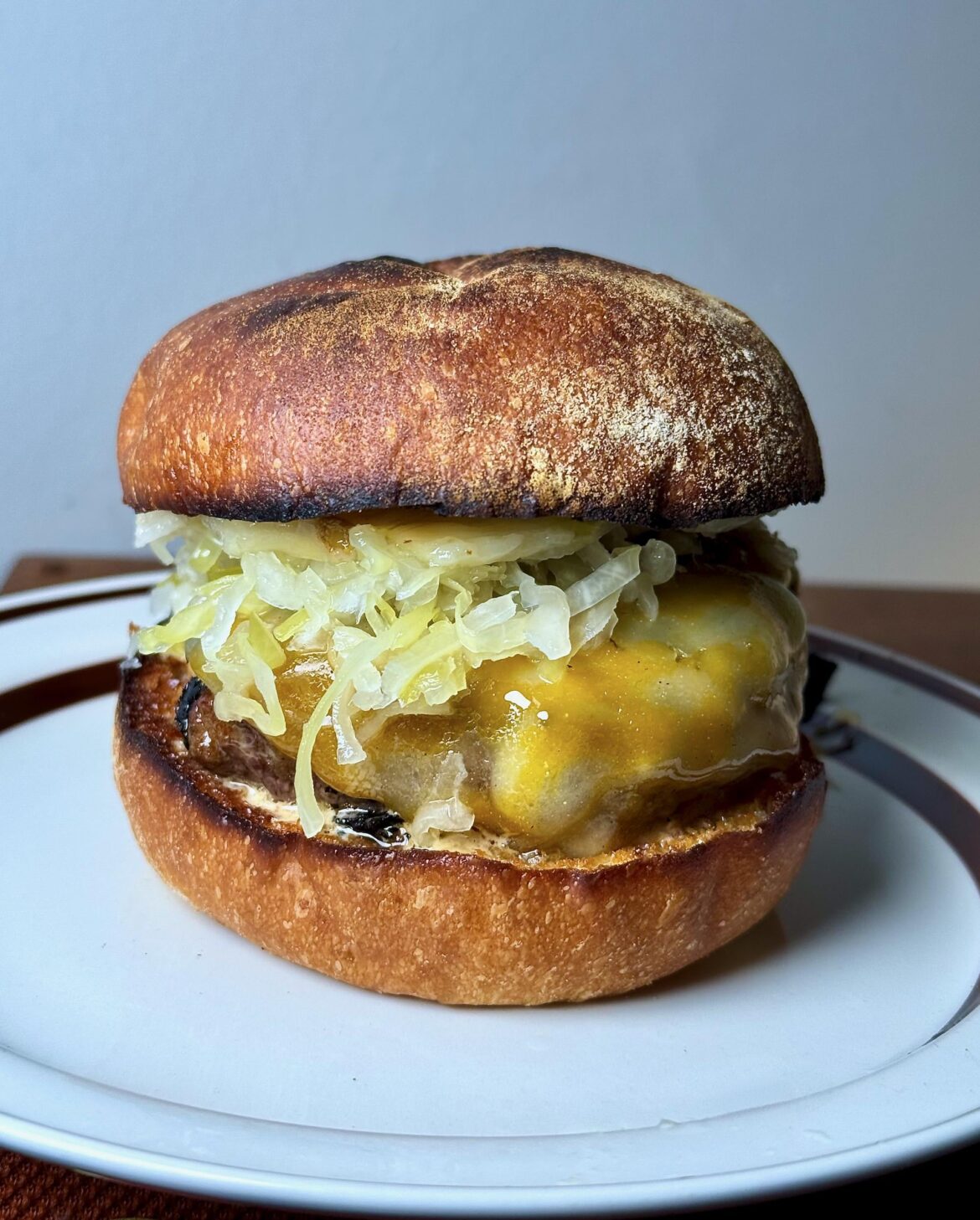Mid-week snack - 1/3lb patty, Colby Jack, Kraut, Kewpie, Dijon, Potato bun.