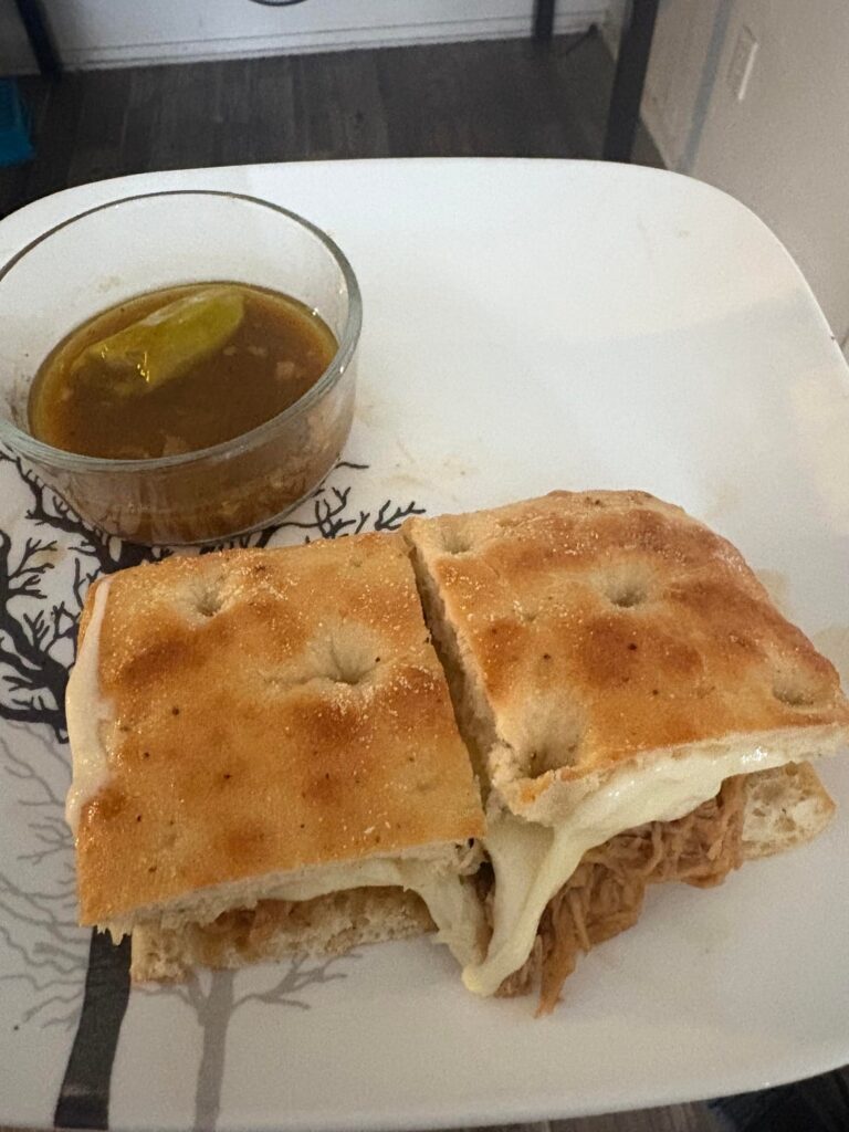 Mississippi pork roast turned into a French dipper, had this with some jalapeno potato chips and it slapped