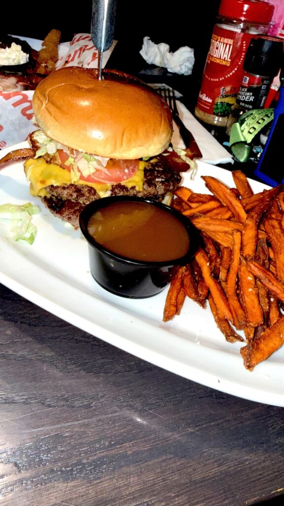 Double bacon plus egg and sweet potato fried w/caramel Dippin from Red Robin..