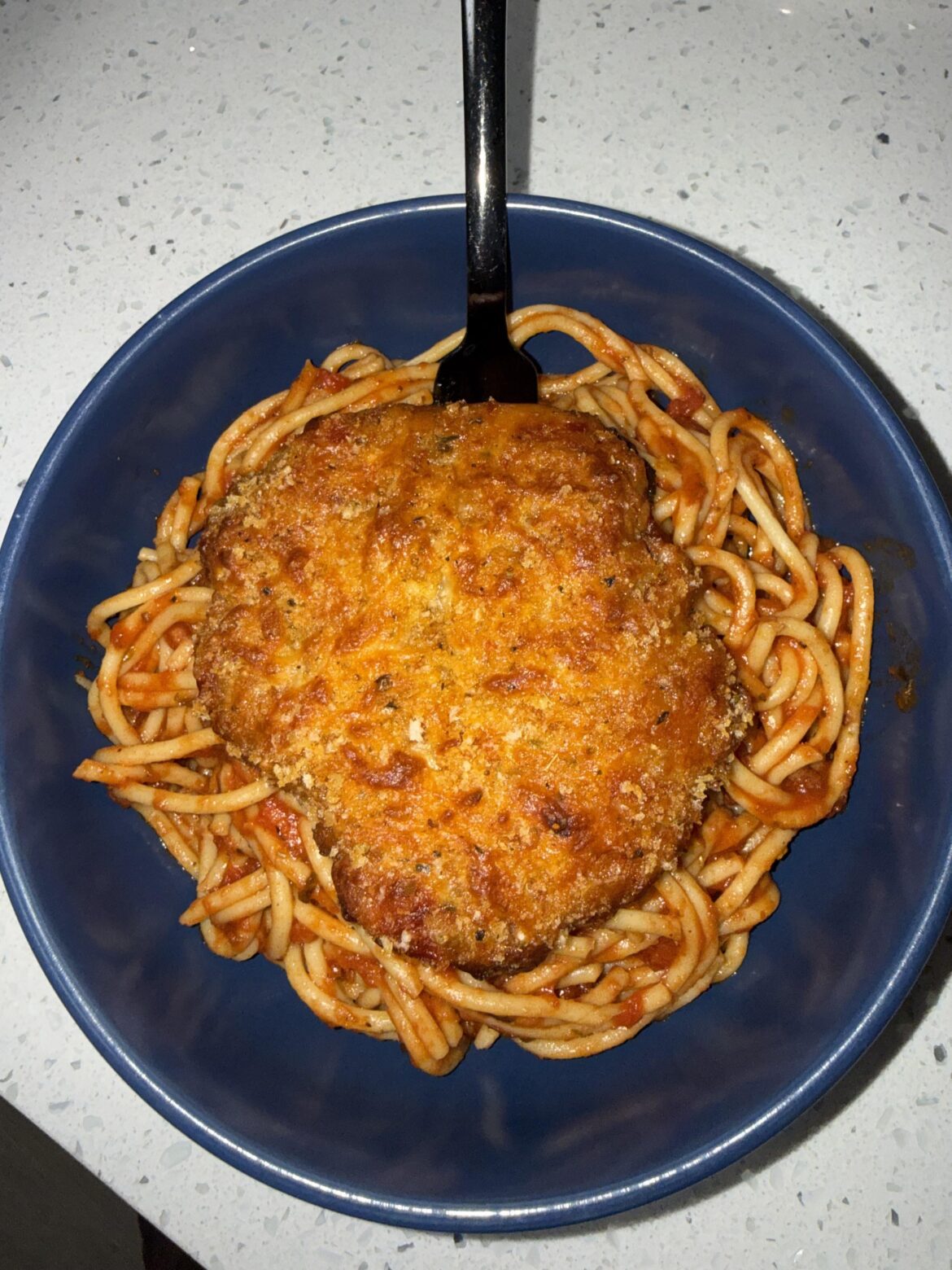 Pork Meatloaf Parm over Spaghetti Marinara