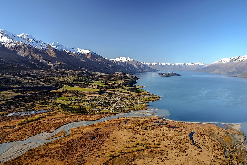 Aerial view of the town of Glenorchy at the head of Lake Wakatipu.