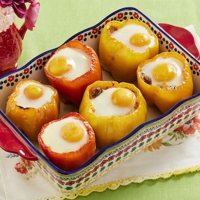 halloween breakfast sausage and egg stuffed peppers