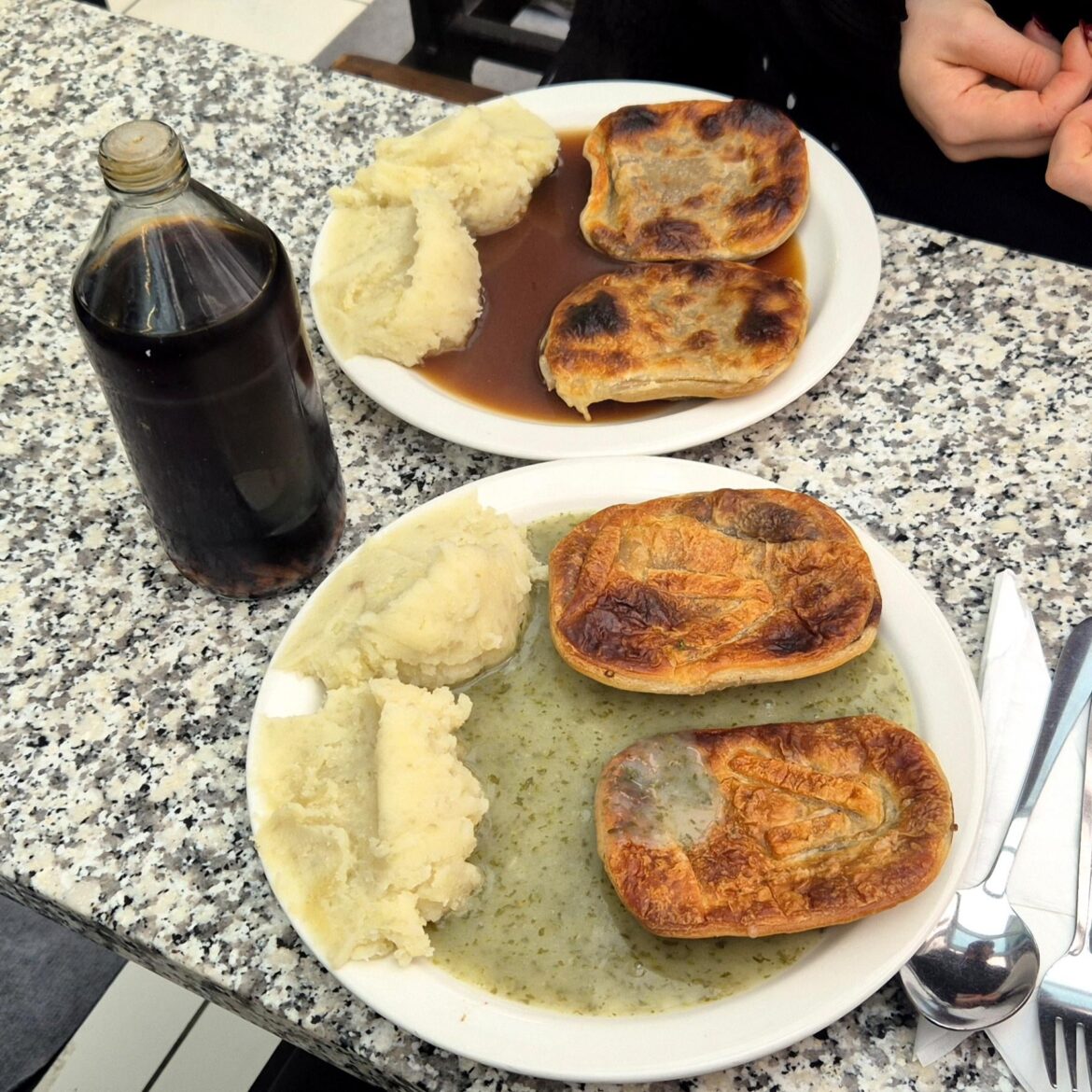 Pie, Mash, and liquor - perfect meal on a rainy day