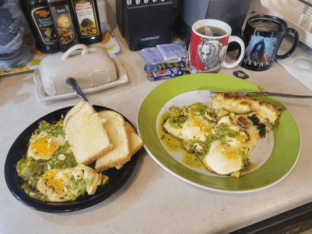 Leftover Domino's with Pesto Feta Fried Egg