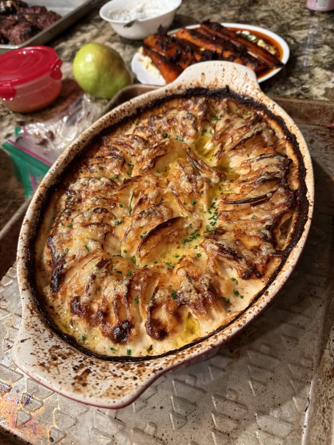 French Onion Hasselback Potatoes au Gratin