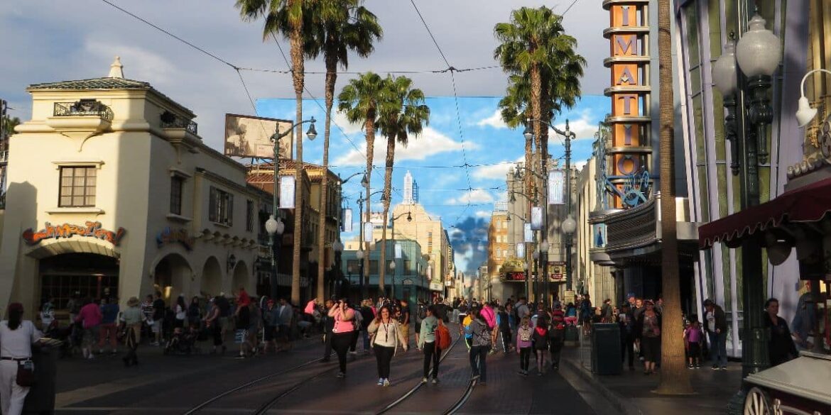 A bustling crowd of guests in Hollywood Land at Disney California Adventure Park at Disneyland.