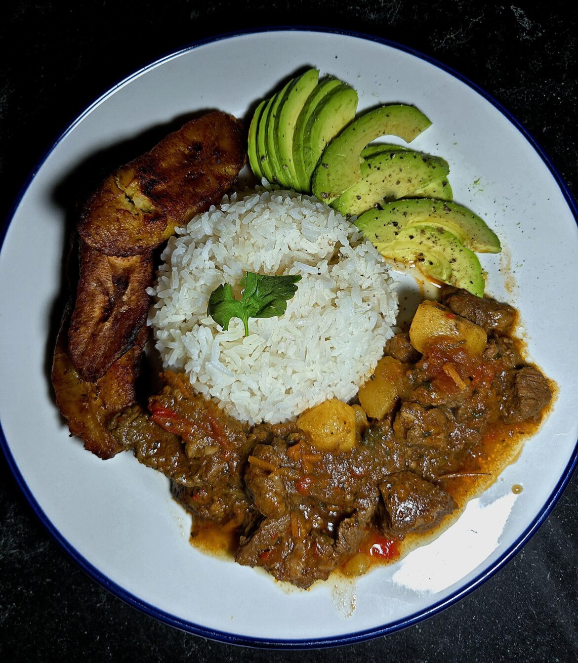 Carne guisada, rice, plantains and avocado